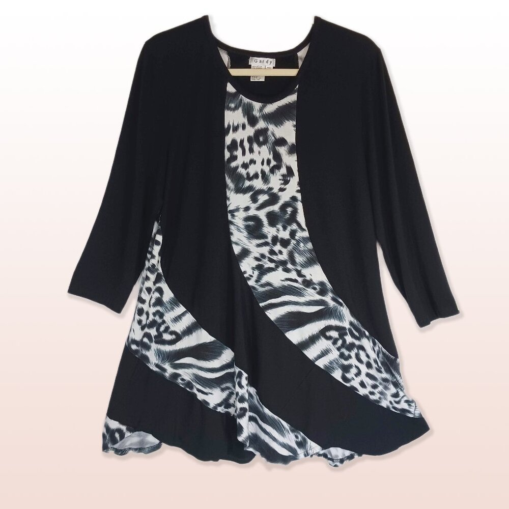 Gardy Animal Print Black White Long Flair Top Tunic Size M
